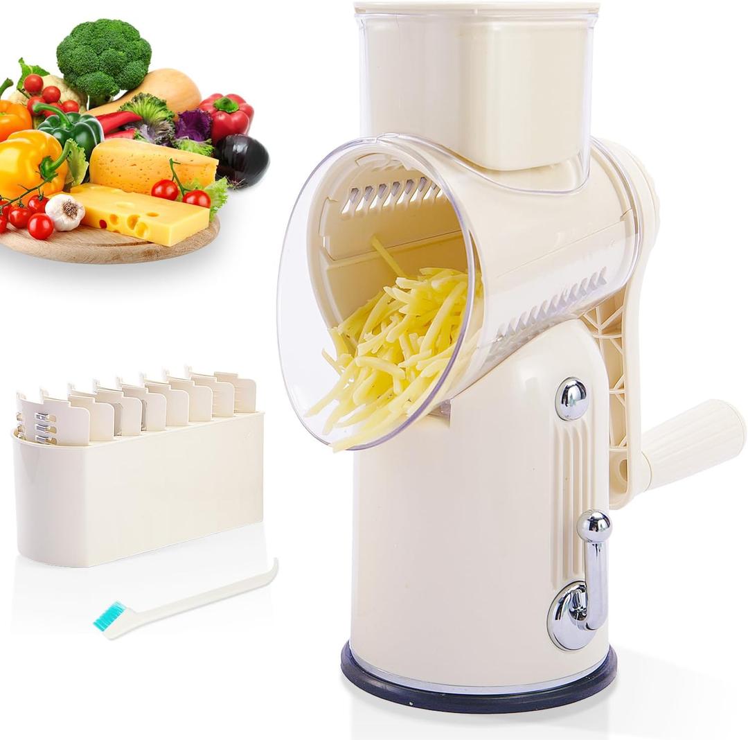Manual Rotary Cheese Grater with Handle, 5 in 1 Replaceable Stainless Blades Cheese Shredder,Strong Suction Base Vegetable Slicer with Cleaning Brush & Bonus Storage Box for Blades (White)