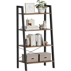 VASAGLE Ladder Shelf, 4-Tier Bookshelf, Storage Rack, Bookcase with Steel Frame, for Living Room, Home Office, Kitchen, Bedroom, Industrial Style, Hazelnut Brown and Ink Black ULLS044B03