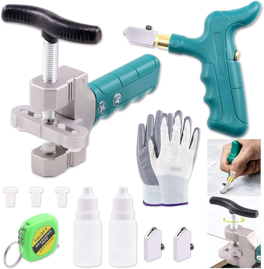 Keadic Glass Tile Cutter Tool Kit, Glass Breaking Pliers, Tile Cutter Hand Tools Set with 6mm Alloy Steel Blades, Spacers, Special Oil Bottles Tape Measure & Cut-resistant Gloves