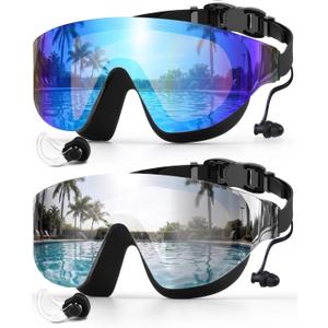 Zoomsnail Swim Goggles 2 Pack, Rimless Wide View Swimming Goggles for Adult, Anti-Fog UV Leaking Pool Goggles for Men Women (Blue & Silver)