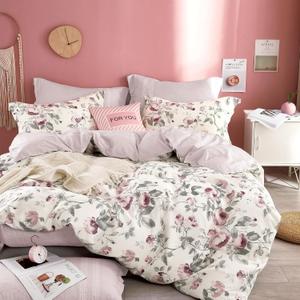 Vintage Cotton 3pcs Floral Comforter Sets Queen Size - Dusty Rose & Soft Gray Foliage on White, Blush French Striped Patchwork Reverse, Neutural Lightweight Bedding Sets(Queen 90"90")