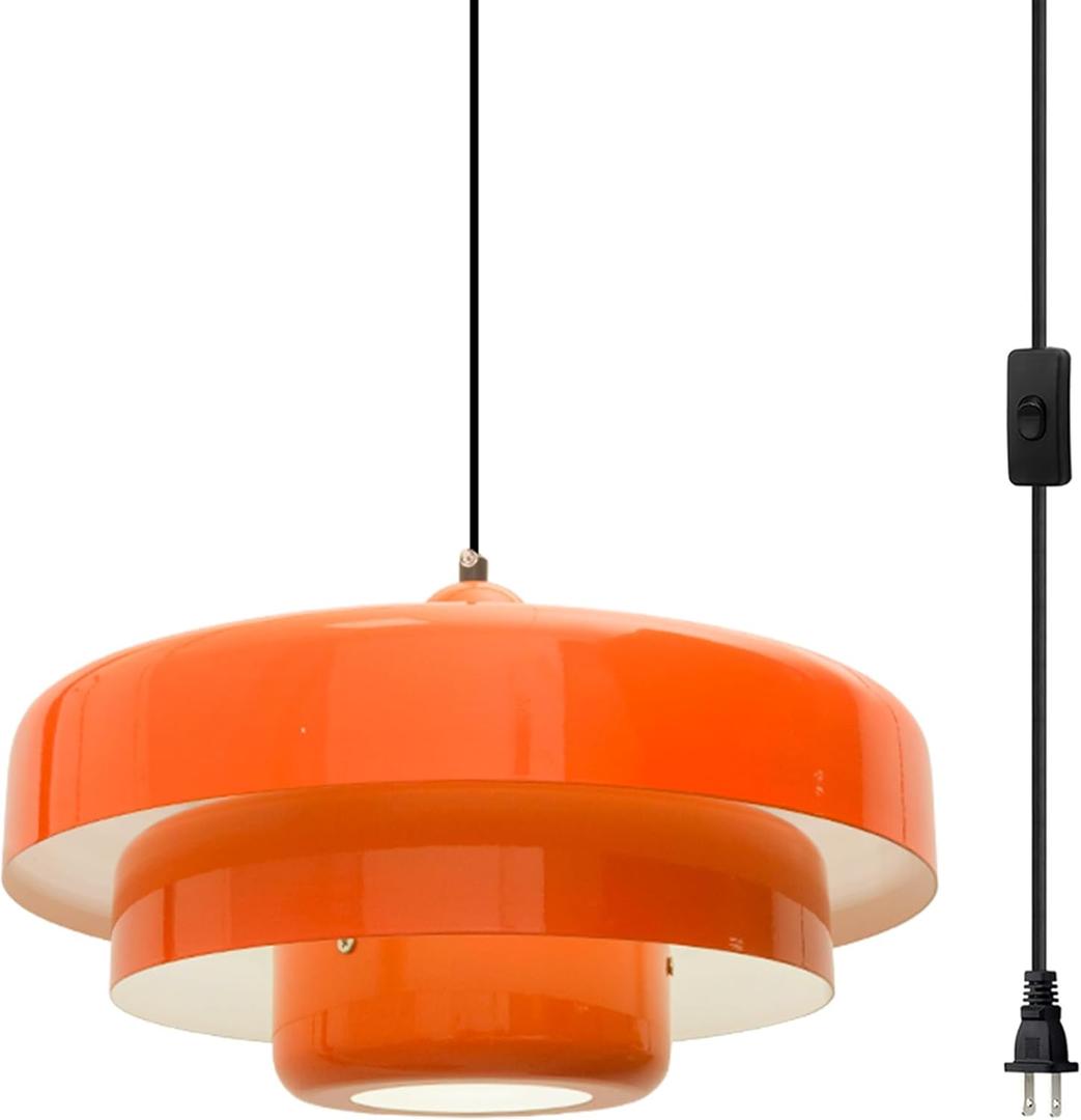 Plug in Pendant Light Fixtures Mid Century Hanging Light with Plug in Cord 3-Layer Metal Shade On/Off Switch Hanging Lamp Orange Plug in Ceiling Light for Living Room Dining Bedroom Kitchen, 13.8 x 8.2 inches