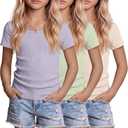 3 Pack Girls Shirts Scoop Neck Ribbed T Shirts Teens Short Sleeve Slim Fit Summer Tees for Kids Age 5-14