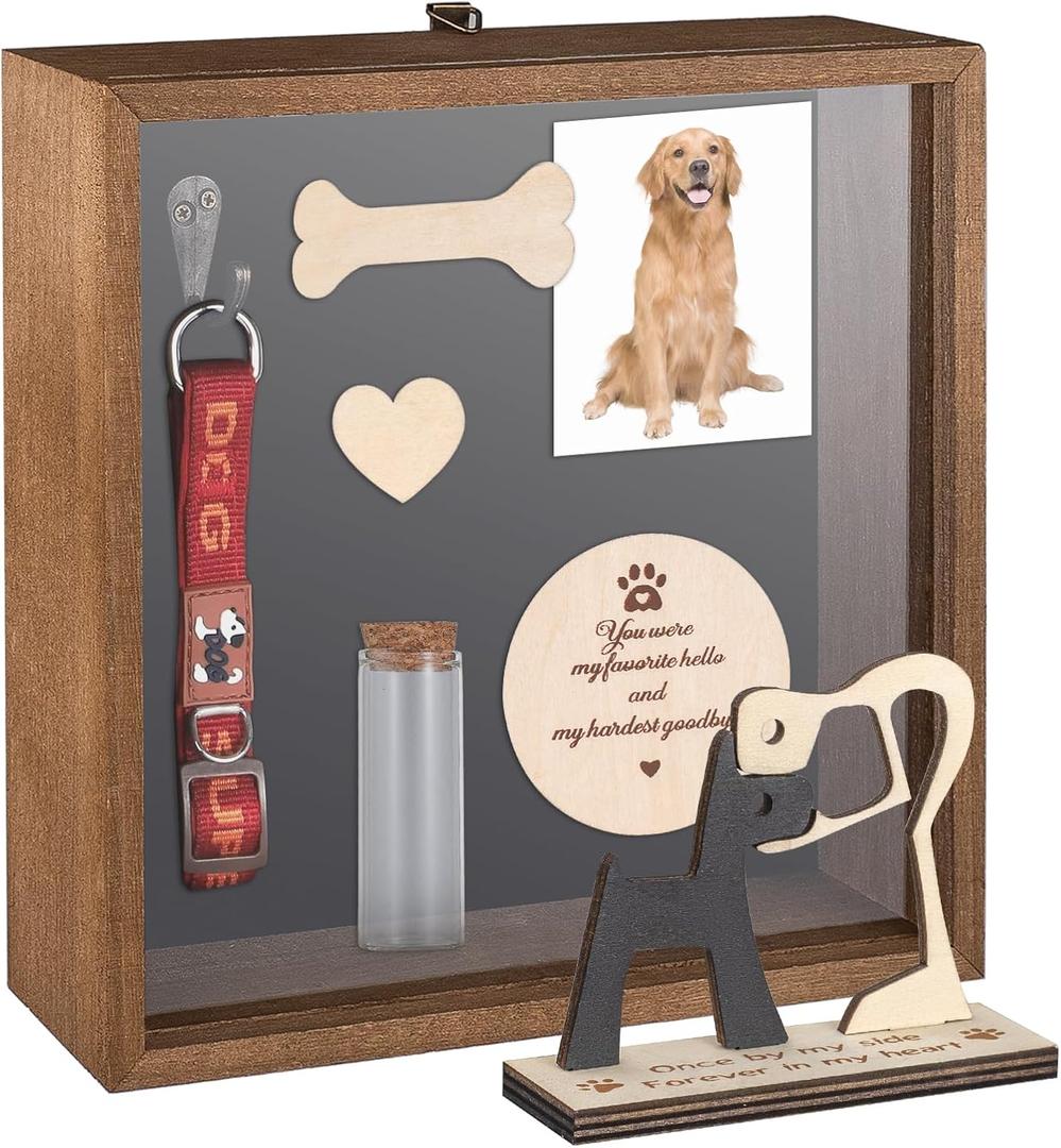 8.6x8.6 Inch Pet Memorial Shadow Box, Tabletop or Wall Display Case with Glass Window, Wooden Keepsake Picture Frame for Loss of Dog, Cat | Forever Remembrance Sympathy Gift, Brown