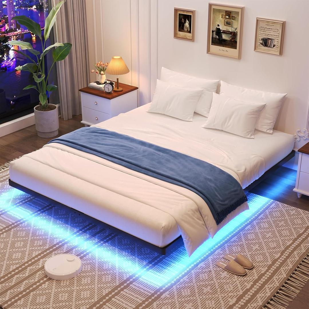 Floating Bed Frame King Size, King Bed Frame with Smart LED Lights, Heavy Duty Modern Metal Platform Bed No Box Spring Needed - Easy Assembly and Noise Free (King (U.S. Standard))