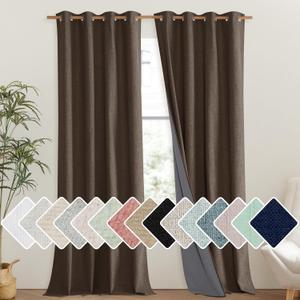 NICETOWN Coffee Vintage Linen 100% Blackout Curtains for Living Room, Thermal Insulated Curtains 95" Long, Noise Reducing Window Treatment Drapes for Bedroom, 52" Wide Per Panel, Set of 2