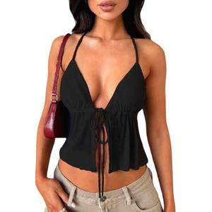 Women's Y2K Cute Summer Leopard Print Halter Top Sexy Tie Front Backless Ruffle Beach Crop Going Out Tops for Women Size XS