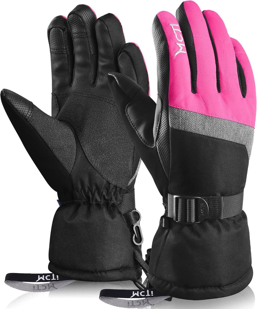 MCTi Ski Gloves,Winter Waterproof Snowboard Snow 3M Thinsulate Warm Touchscreen Cold Weather Women Gloves Wrist Leashes (Medium, Rose red)