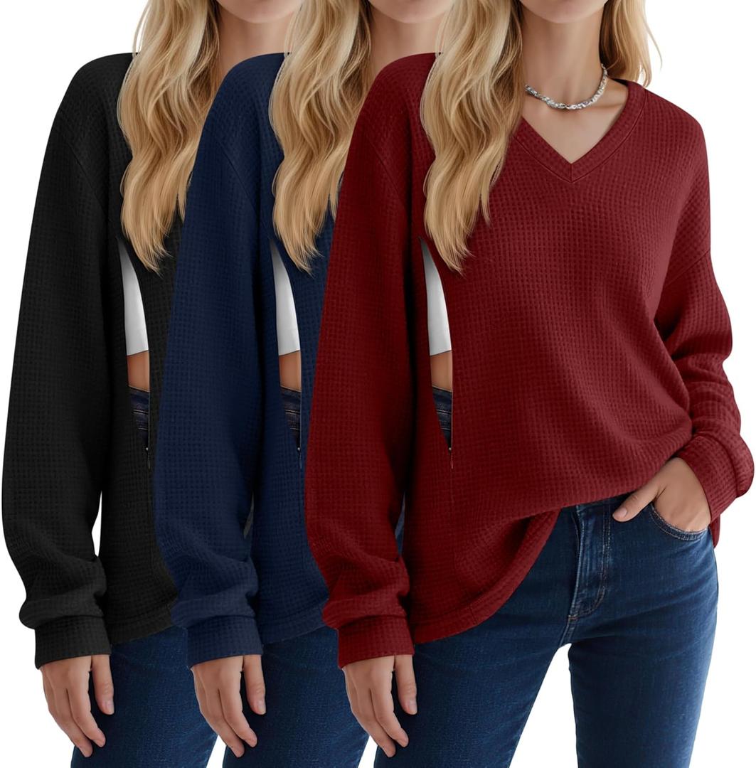 3 Pack Women's Oversized Nursing Tops Waffle Knit V Neck Breastfeeding Long Sleeve Shirts Hidden Zipper Sweatshirt (X-Large, Wine Red, Navy Blue, Black)