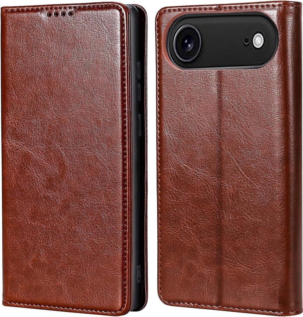 for iPhone 17 Air Wallet Case, Genuine Leather Flip Folio Cover with RFID Blocking Card Holder & Kickstand, [Shockproof TPU Inner Shell] for iPhone 17 Air, Brown
