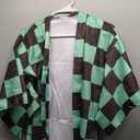 Anime Kimono Costumes Men Boys Halloween Cosplay Green Outfits Cape Festival Uniform Dress Up with Wig (Kids 140)