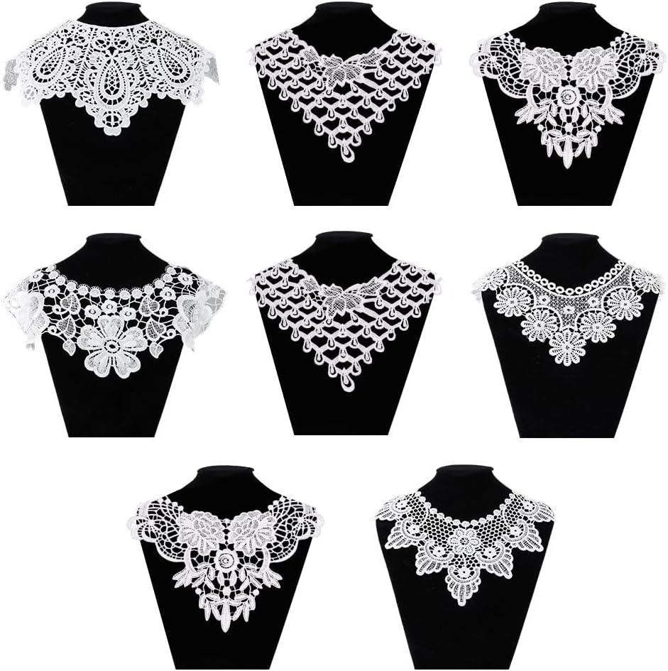 DICOSMETIC 8 Styles White Lace Collar Polyester Embroidered Lace Collar Set 8.58-11.42x11.61-19.88x0.04-0.06 Inch Hollow Out Floral Collars Clothes Trim for DIY Wedding Dress Costum Sewing Crafts