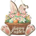 Easter Happy Wreath, Hanging Bunny Sign Decoration, Outdoor and Indoor Hanging Decoration, Easter Hanging Decoration, Suitable for Front Door, Garden, Wall and Party Supplies, 2 Pack