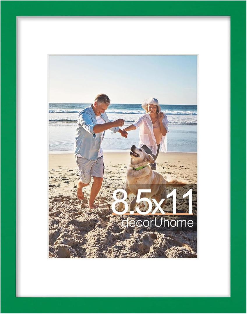 decorUhome 8.5 by 11 Picture Frame, Display Pictures 6x8 with Mat or 8.5x11 without Mat, Wall & Tabletop Display Certificate Frame, Green, 1 Pack