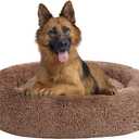 Coohom Oval Calming Donut Cuddler Dog Bed,Shag Faux Fur Cat Bed Washable Round Pillow Pet Bed(30"/36"/43") for Small Medium Dogs (L(30"x24"x7"), Camel)