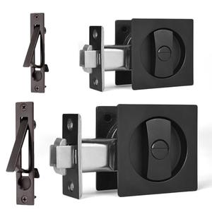 Dontay 2 Pack Pocket Door Privacy Lock, Flush Handles, 2-3/8" Backset, (Bed/Bath) Latch, Recessed Knob, Hardware for 1 3/8” to 2 3/16” Thickness Door (Including Edge Pull, Matte Black, Square)