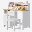 Treocho Kids Study Desk and Chair Set, Kids Desk with Hutch and Tiltable Desktop for 3-8 Years Old, Wooden Children Study Table with Storage Cabinet, Student Writing Desks, Home School, Natural, Without Drawer