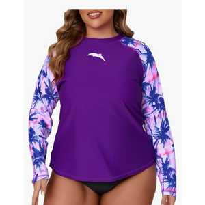 Halcurt Womens Plus Size Long Sleeve Rash Guard Swim Shirt with Built in Bra Loose Fit UPF50+ Swimsuit Top (1X)