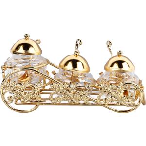 Zerodis European Sugar Jar Set,3 Pcs Crystal Golden Sugar Bowl Sugar Can Condiment Container Seasoning Bowl Salt Bowl Pepper Coffee Storage Pot with Lid Spoon