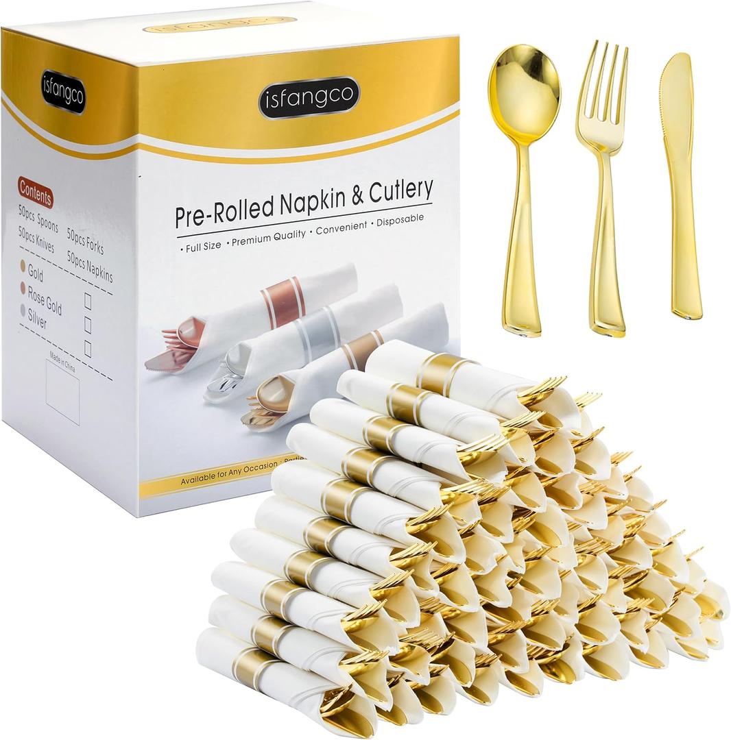ISFANGCO 50 Pack Pre Rolled Gold Plastic Silverware Set with Napkins,Disposable Wrapped Heavy Duty Cutlery Set for Wedding Birthday Party-50 Forks,Knives,Spoons,Napkins,Utensils Set,Plasticware Bulk