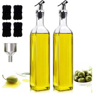 Showvigor Olive Oil Dispenser Bottles, 2Pack 17oz/500 ml Square Glass Tall Oil Bottles with 4 Labels, 2 Pourers and 1 Funnel