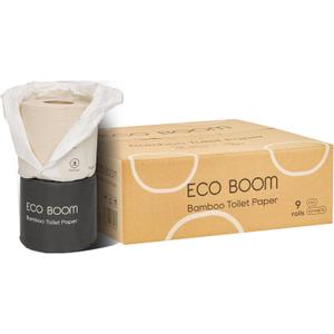 ECO BOOM Unbleached Bamboo Toilet Paper, 100% Tree-Free & Plastic-Free, 3-Ply Strong, FSC Certified, Unscented, 9 Rolls, 360 Sheets | PFAS Free, BPA Free & Septic Safe