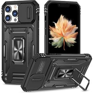 Case for iPhone 13 Pro Phone Case with Camera Cover, with Ring Holder Kickstand, with Magnetic Car Mount Function, for iPhone 13 Pro (Black)
