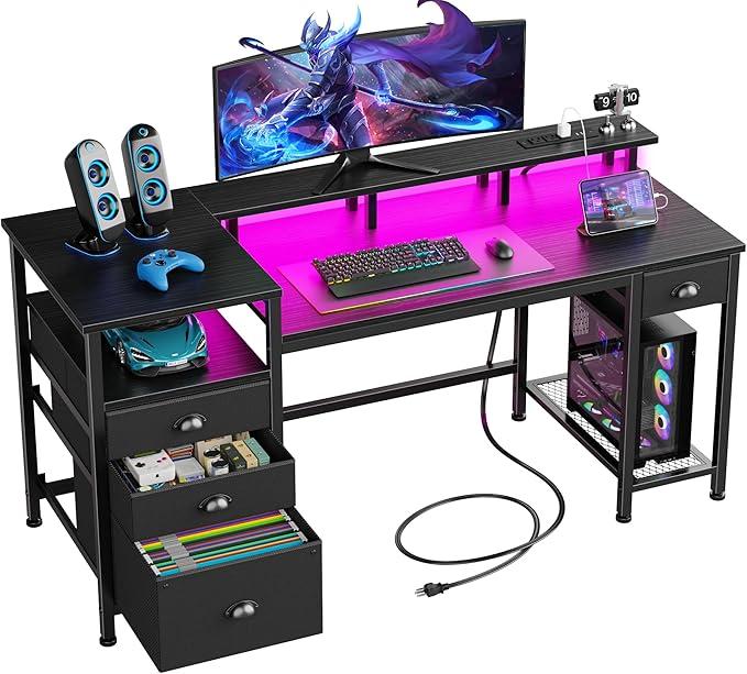 Furologee 60" Black Computer Desk with 4 Drawers and Printer Space, Gaming Desk with LED Lights and USB Power Outlets, Home Office Desk with Fabric File Cabinet,Study Work Table with Shelf for Bedroom