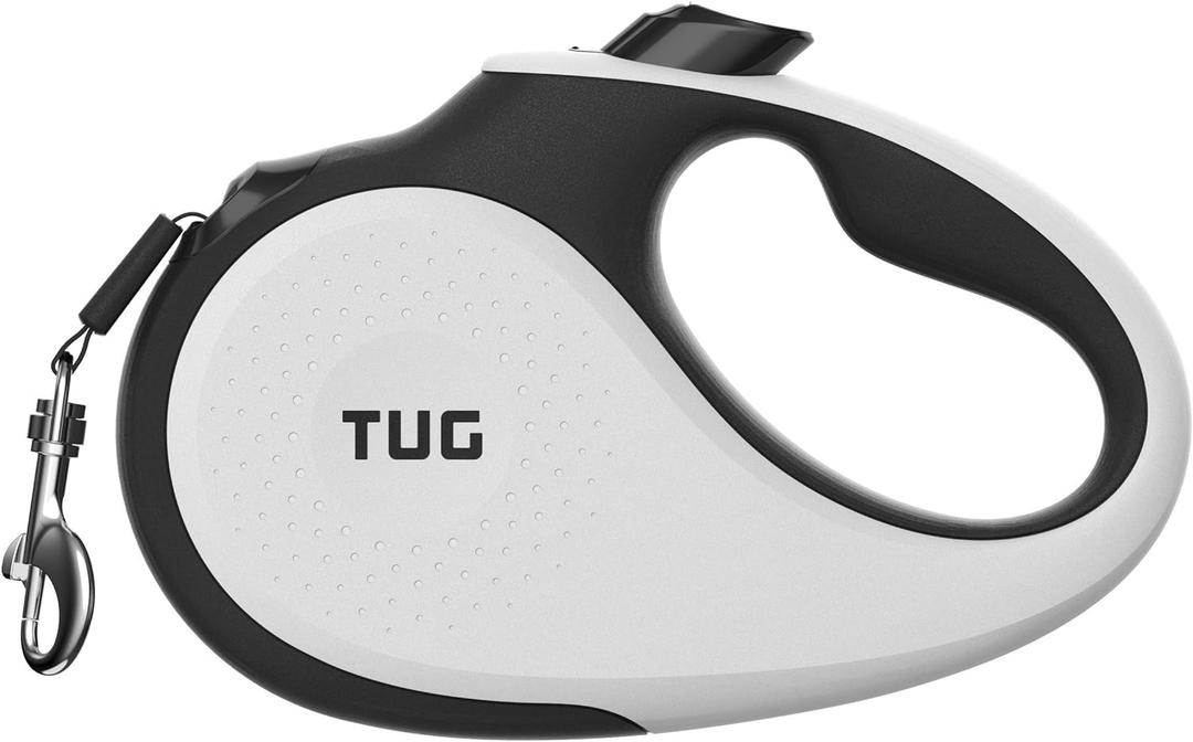 TUG 360° Tangle-Free Retractable Dog Leash | 16 ft Strong Nylon Tape | One-Handed Brake, Pause, Lock (Medium, White) 