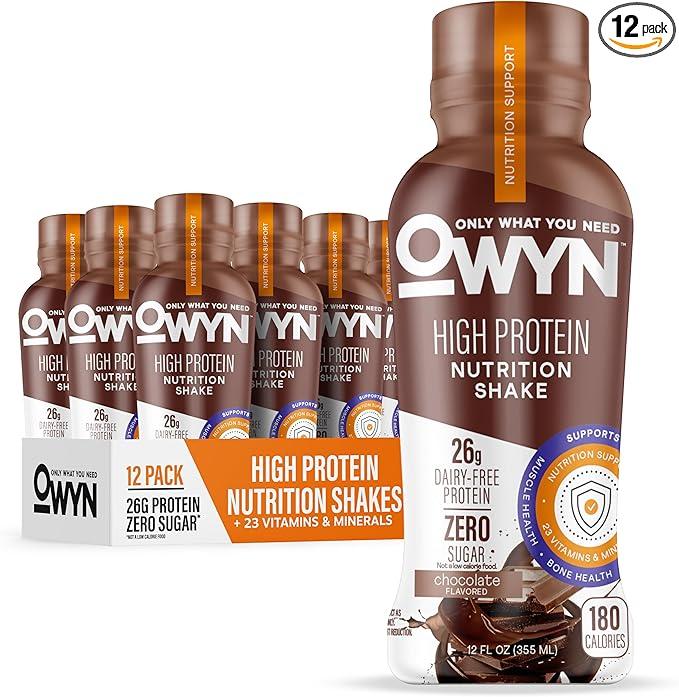OWYN Only What You Need High Protein Shake, Chocolate Flavored, 26g Protein, 0g Sugar, 3g Fiber, Dairy Free, Plant Based Protein Drink, 12 Count, Best By 31/May/27
