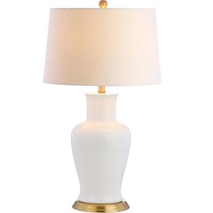 JONATHAN Y 29" White/Gold Traditional Ceramic Urn LED Table Lamp for Bedroom Decor, White Linen Drum Shade, Classic Nightstand Lamp for Living Room, LED Bulb Included JYL4026A