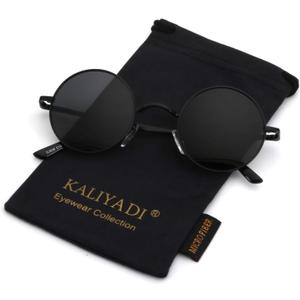 KALIYADI Round Polarized Sunglasses for Men Women Retro Metal Hippie Circle Style Sun Glasses UV Protection (A01-black Frame Black Lens)