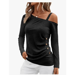 Womens Off Shoulder Tops Asymmetrical One Shoulder Shirts Long Sleeve Button Ruched Blouses, Large