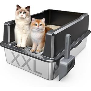 Tripamin XXL Stainless Steel Litter Box with High Sides 26"x18"x12" Extra Large Metal Litter Box for Big Cats&Multiple cat, Jumbo Top Entry Litter Pan with lid, Anti-Leakage, Non-Sticky(Black)