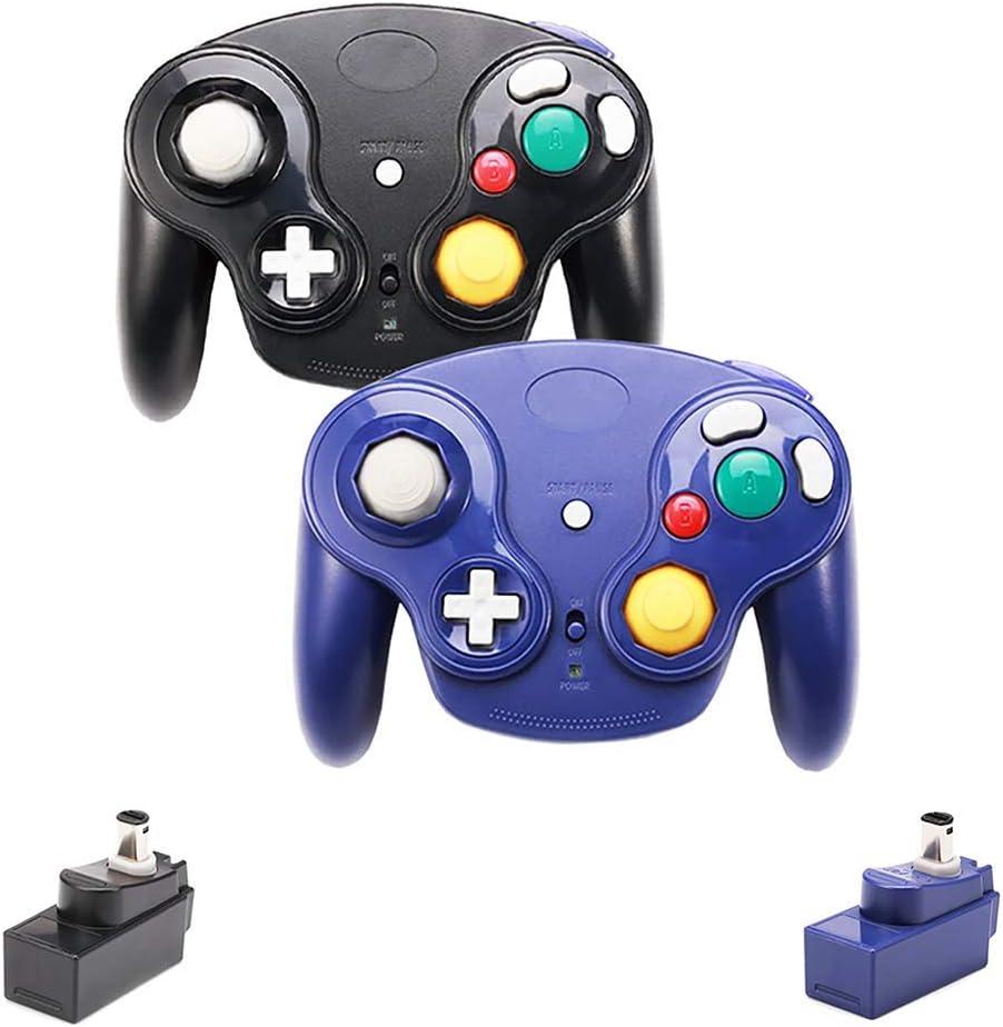 VTone Wireless Game Cube Controller, 2 Pieces 2.4G Wireless Classic Gamepad with Receiver Adapter for Wii Game Cube NGC GC (Black and Dark Blue)