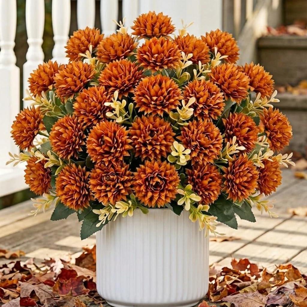 4 Pcs Fake Mums Artificial Flowers for Outdoors, Fall Faux Mums for Outdoor Planters, Burnt Orange Pumpkin Vibrant Autumn Orange Silk Chrysanthemum Fall Flowers for Decoration Home, 24 Heads