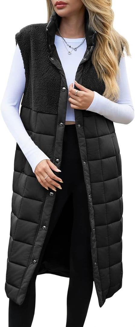 UMEKO Women's Long Puffer Vest Fleece Jacket Winter Button Down Sleeveless Coats (Medium, Black)