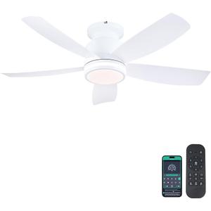 Ceiling Fans with Lights and Remote/APP Control, 41 inch Low Profile Flush Mount Ceiling Fan with Lights, LED Dimmable 5 Reversible Curved Blades 3 CCT 6 Speeds for Bedroom Living Room, White