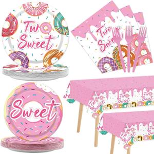 ZOIIWA 98 Pieces Two Sweet Donut Birthday Party Supplies for 24 Guests Girls Donut Tableware Set Baby Girl 2nd Birthday Paper Plates Napkins Tablecloth Decorations Table Cover Dinnerware Party Favors