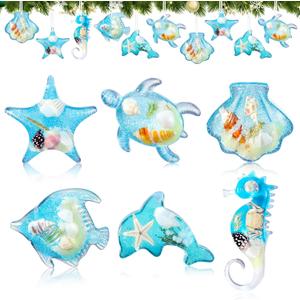 Leinuosen 6 Pcs Beach Ornaments for Tree Acrylic Crystal Coastal Beach Tree Decorations Summer Ocean Starfish Seashell Blue Summer Ornament Sea Seahorse Shell Turtle Hanging Home Decor for Party Gifts