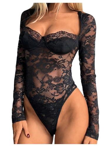 SweatyRocks Women's Sheer Lace Long Sleeve Underwire Bodysuit Corset Tops Skinny Leotard (Black, Small)