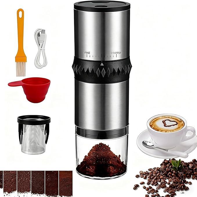 Portable Coffee Grinder,USB Rechargeable Coffee Maker,Electric Stainless Steel Burr Burr Coffee Grinders, Espresso Battery Coffee Bean Grinder Machine With 15 Gind Settings For Home Use (Black9109)