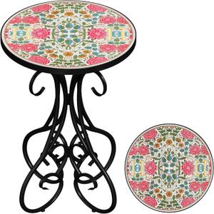 Gadroad Round Side Table, Patio Table and Plant Stand Outdoor, Small Porch Table 14" Tempered Glass Tabletop & Black Metal Frame for Yard Porch Balcony Garden Bedside, Rose 15.4 * 15.4 * 23.6inches