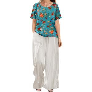 YESNO Women's Casual T-Shirt Summer Short Sleeve Loose Fit Tops Crew Neck Side Slits Tees BEC M