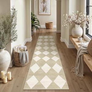 PureCozy 2x8 Runner Checkered Rug for Hallways Beige Washable Long Carpet Non-Slip Low Pile Boho Indoor Accent Throw Rug for Entrance Kitchen Bedroom Dining Laundry