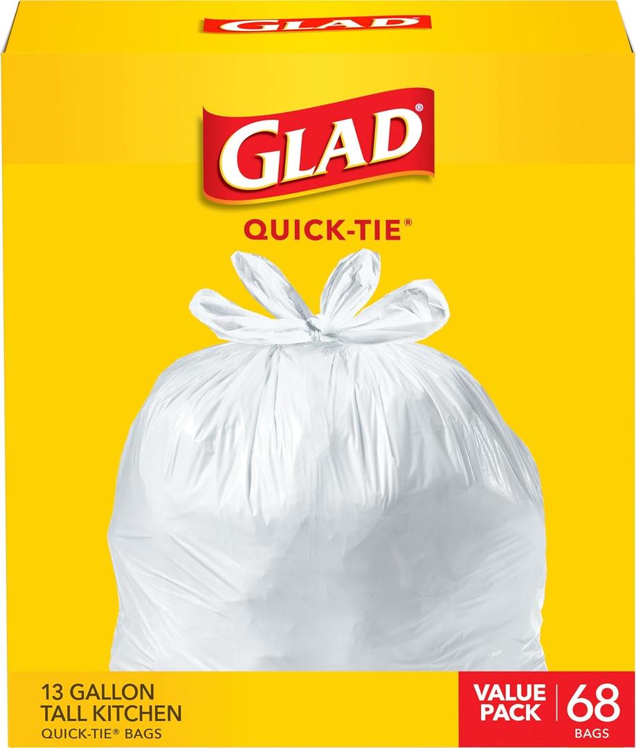 Glad Tall Kitchen Quick-Tie Trash Bags, 13 Gallon, White, 68 Count, (Package May Vary) (68 Count (Pack of 1))