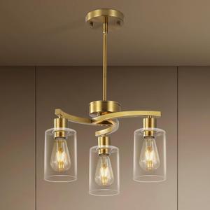 3 Light Brushed Gold Chandelier for Dining Room, Modern Kitchen Island Light Fixtures Over Table, Metal Hanging Pendant Lighting with Clear Glass Shade, Farmhouse Industrial Gold Finish
