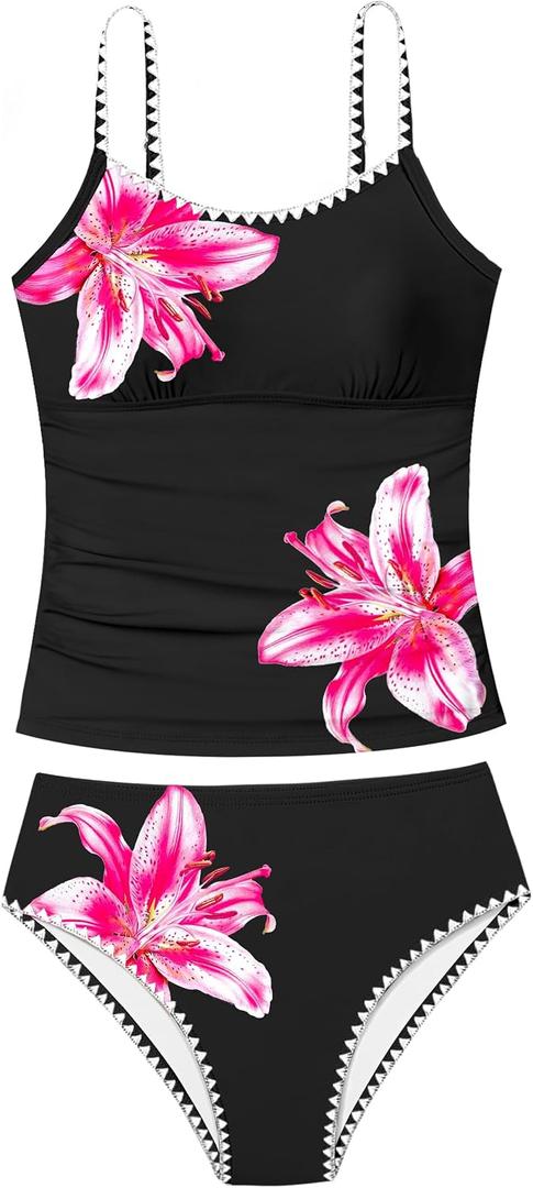 Girls Swimsuit Solid Color Tankini Contrast Trim Swimwear 2 Piece Bathing Suit Padded Swimsuits for Teens  (Black, M)