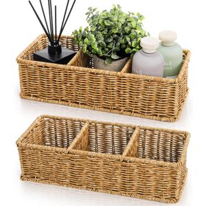 Covzoe 2 Pack Wicker Storage Basket, 3 Compartments Plastic Toilet Tank Topper Woven Basket, Rattan Storage Container Countertop Organizer for Bathroom Bedroom Decor, Tan