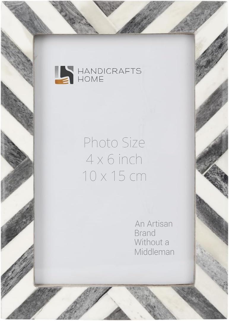 Handicrafts Home 4x6 Picture Frame Grey, Handmade Bone Inlay Photo Frame, Tabletop or Wall Mount Decorative Frame for Desk, Shelf, Living Room or Bedroom